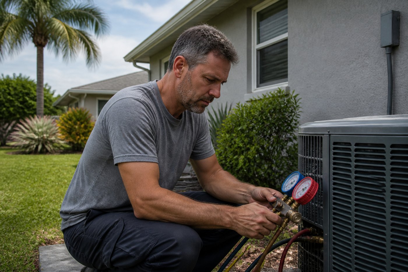 Example HVAC tech at a condenser — sample photo