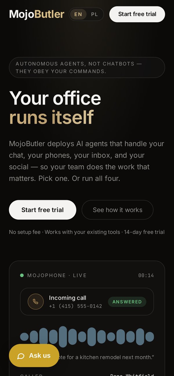 MojoButler mobile homepage